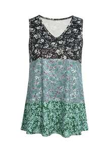 Summer New Color Block Splicing Small Floral Print Fashionable Casual Vacation Style Women's Vest - màu xanh lá - Xem 5