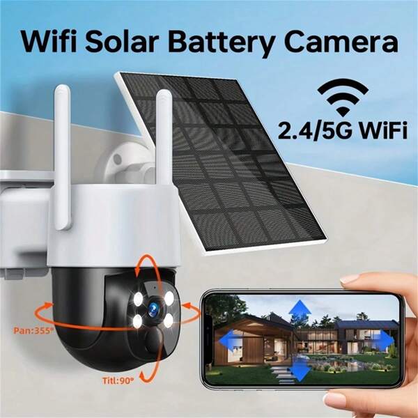 Cámara solar PTZ para exteriores 1440P, WiFi de 2.4/5GHz, sensor de movimiento inteligente, audio bidireccional, visión nocturna a color, batería recargable y panel solar - Cámara de seguridad solar para exteriores para el hogar y el jardín