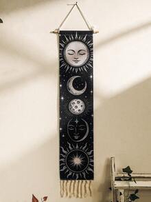 半幅手工编织流苏星空挂毯，波西米亚风格，日月星辰图案，黑色横幅，灵性占星装饰，唯美墙面艺术，适用于客厅、家居、卧室、房间、墙面、办公室、宿舍、冥想空间 - 彩色 - 查看 6
