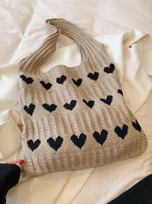 1pc情人节大容量红心针织手提包-女士休闲单肩沙滩包，新款针织心形手提包-甜美风格单肩包，情人节礼物，休闲手提包|可爱设计，夏季，沙滩，购物，多功能通勤包大容量 - 彩色 - 查看 7