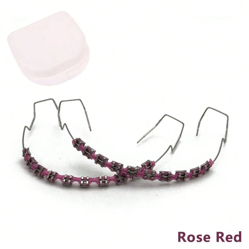 1 Pair Metal Wires Fake Braces With Box, Colorful Brackets For Teeth Temporary, Dental Metal Bracket Orthodontic Ligature Ties - 玫瑰紅 - 查看 1