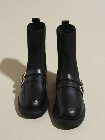 2025秋冬时尚女短靴英伦风优雅显瘦复古厚底针织弹力袜靴双扣靴学院风时尚百搭经典正装靴