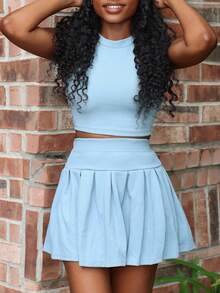 Steph T 2pcs Women Solid Color Tank Top And Pleated Skirt Set White Soft Relaxed Fit Elegant Summer Vacation Beach Warm Women - Baby Blue - View 3