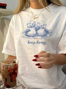 Women's Casual Short-Sleeved T-Shirt-Double Otter Pattern "Keep Loving" Print, White Blue Ripple Design, Medium Stretch Crew Neck Top, Machine Washable In Spring, Summer And Autumn, Loose Design For Daily Wear, Comfortable Fabric - 白色 - 查看 1