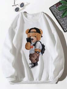 K-GLORY Men's Cute Cartoon Bear Print Crew Neck Sweatshirt, For Autumn/Winter - White - View 5