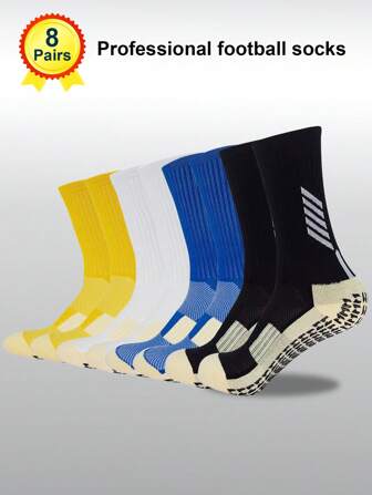 8 Pairs Anti-Slip Professional Football Socks For Men, Towel Bottom With Dot Adhesive Anti-Slip Pads