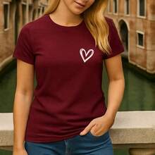 Women's Basic T-Shirt Cute Heart 100% Cotton Various Colors - 紫紅色 - 查看 3