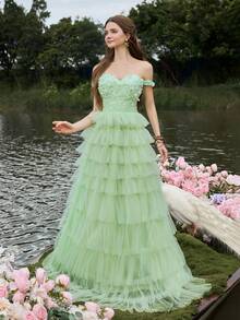 Faeriesty Luxe ​Women's Elegant Off-Shoulder Formal Evening Gown - Back Tie Waist Detail, Multi-Layered Tulle A-Line Skirt. Perfect For Black-Tie Events, Gala Dinners, Luxury Wedding Receptions, Charity Balls, Award Ceremonies.​​ - Green - View 5