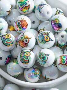 10 件随机款式 16 毫米亚克力白色底座印花彩色圆形猫头鹰珠带孔，DIY 手链项链笔装饰散珠配件，节日小礼物
