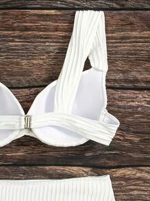 Women's White Sexy Cross Lace Bikini Set - Vertical Stripe Texture Fabric&Adjustable Metal Buckle High Waist Swimsuit  Plain    Elegant    Backless  Twist  Buckle    Vacation  Beach