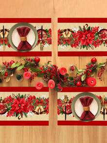 1/2/4pcs Christmas Theme Placemats, Christmas Wreath Placemats With Red Floral, Bell, Christmas Ball Patterns, Polyester Placemats, 30x45CM, Suitable For Christmas Holiday Table Decor, Christmas Party Supplies - Multicolor - View 5