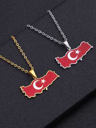 1pc Punk Stainless Steel Drip Oil Turkey Map Flag Pendant Necklace, Minimalist & Fashion Design Suitable For Couples
