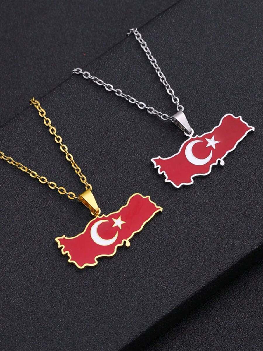 1pc Punk Stainless Steel Drip Oil Turkey Map Flag Pendant Necklace, Minimalist & Fashion Design Suitable For Couples