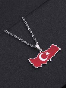 1pc Punk Stainless Steel Drip Oil Turkey Map Flag Pendant Necklace, Minimalist & Fashion Design Suitable For Couples
