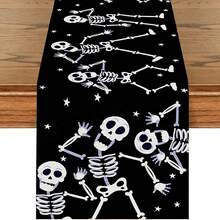 1/25pcs Halloween Themed Skull Black Table Runner, Kitchen Dining Table Decor, Fun Holiday Indoor Outdoor Home Decoration Party Supplies, Halloween Party Favors, Holiday Gifts, Room Decor, Tabletop Decor