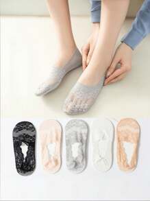 5 paires de chaussettes pour femmes, chaussettes d'été et d'automne sans tige, chaussettes en dentelle antidérapantes pour les pieds