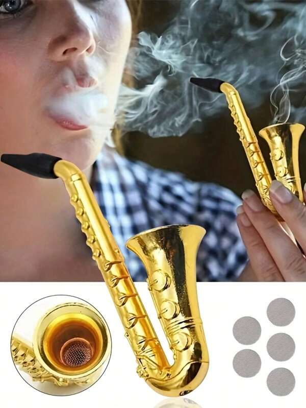 1pc Creative Mini Portable Metal Saxophone Smoke Pipe, Tobacco Herb Smoking Pipes, Cigarette Accessories Filters