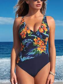 Costume da bagno intero estivo, stile europeo e americano, sexy, con stampa floreale e a foglie, stile tropicale bohémien, in tessuto a maglia, senza schienale, adatto per la spiaggia e le vacanze