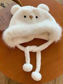 Neues koreanisches Plüschmützen- und Schalmützen-Set, thermisch gefütterter Ohrenwärmer, lässiges süßes Tiermotiv, Polyester, geeignet für Herbst-/Winteroutfits, flauschig