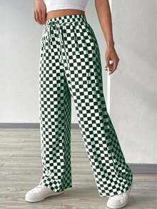Casual Loose Plaid Print Drawstring Straight Leg Pants - Dark Green - View 3