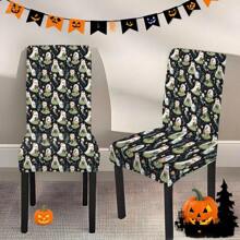 1 buc/2 buc/4 buc/6 buc Husă de scaun decorativă cu imprimeu de sărbători, stil desen animat drăguț, cu fantomă mică, temă de Halloween, husă elastică completă din spandex, husă de scaun rezistentă la murdărie pentru decorul casei
