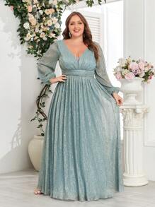 Vestido formal de manga larga con mangas farol y aplicaciones de lentejuelas para mujer de talla grande, elegante para baile de graduación, cena y boda