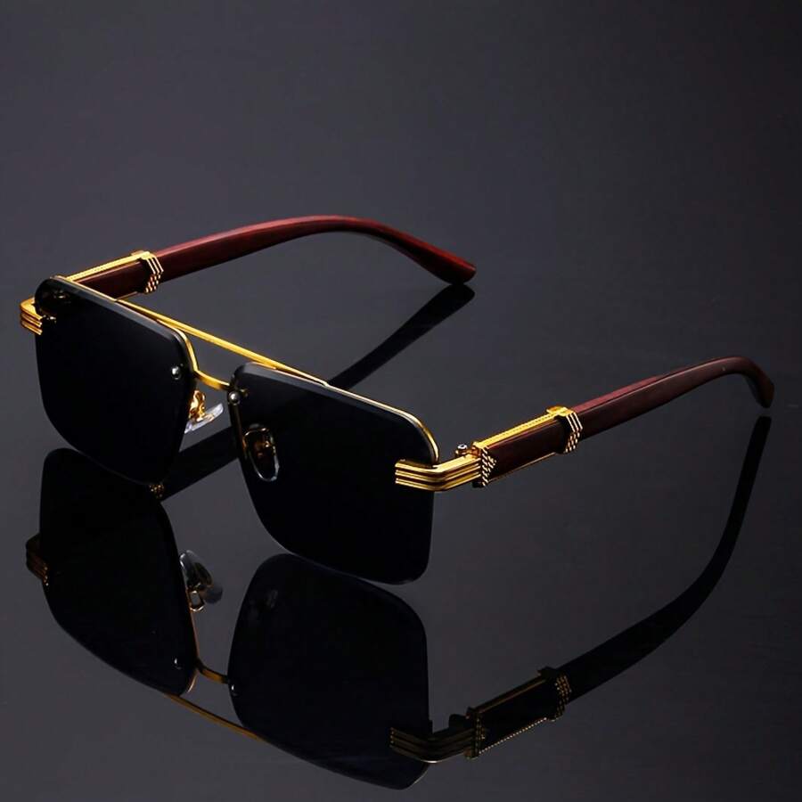 Middle Eastern Style Frameless Double Ear Fashion Glasses - Black With Red Wood Grain Finish, Lightweight Plastic Hinges, Suitable For Casual And Formal Occasions, Gold Accents, Durable Glasses - 全灰色 - 查看 1