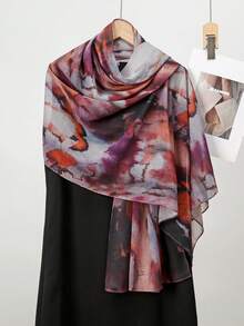 1条女士时尚波西米亚水彩大理石纹雪纺围巾，轻盈透气面料，休闲街头风配饰 - 01-紫玫紅 - 查看 5