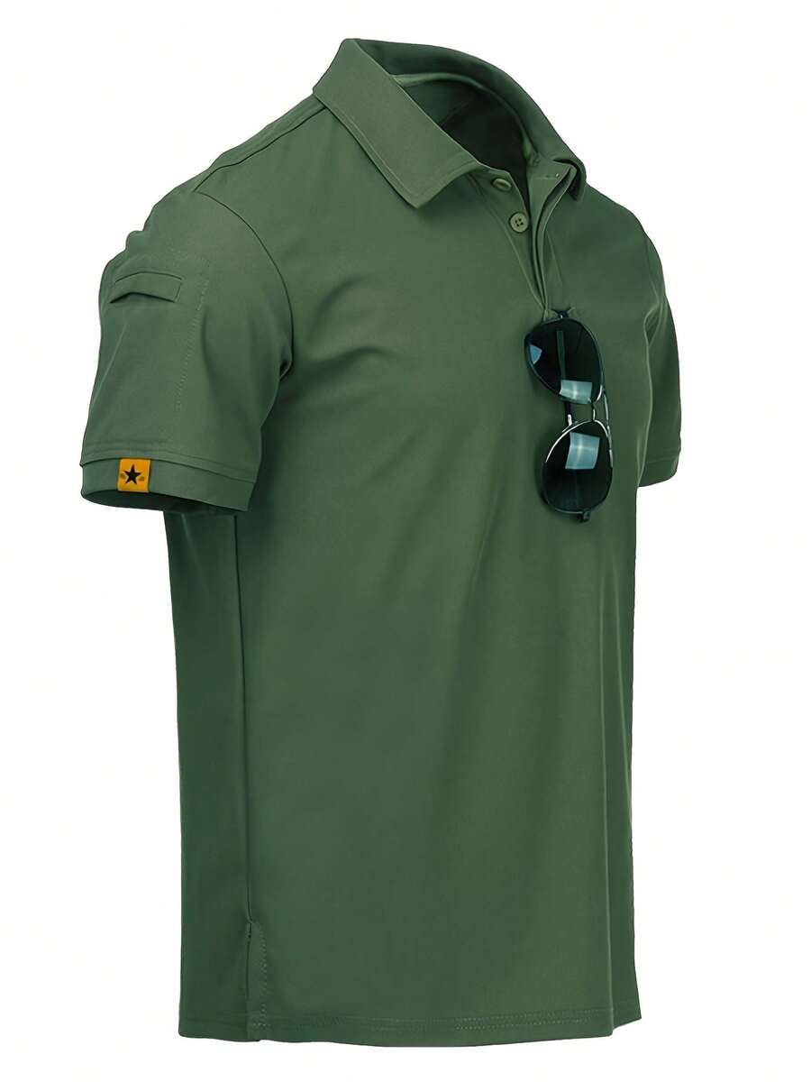 [Summer Golf Polo] Stylish Summer Golf Polo Shirt | Solid Color, Casual Outdoor Short-Sleeve Top With Buttons, Suitable For Sports And Hiking - 軍綠色 - 查看 1