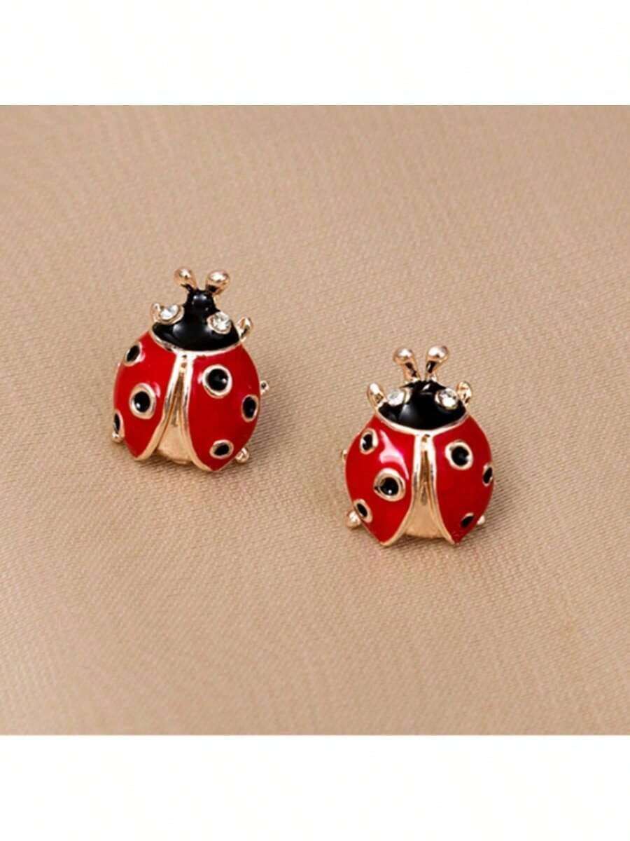 可爱的瓢虫耳钉，精致的昆虫主题珠宝，俏皮迷人的夏季配饰 - 紅色 - 查看 1