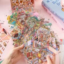 Un album di adesivi, serie Sunshine Town, libretto di scene in miniatura, album di adesivi per decorazione paesaggistica fai-da-te con case di cartoni animati 3D, accessori decorativi in carta fai-da-te, adesivi per quaderni adatti a varie scene, cover per telefono, adesivi per tazze, adesivi per album di ritagli e diari