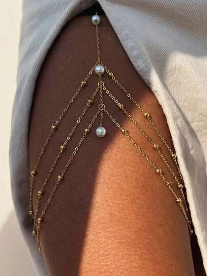 1pc Silver Multi-Layer Pearl Sexy Leg Chain, Summer Beach Crystal Thigh Chain, European And American Style Accessory