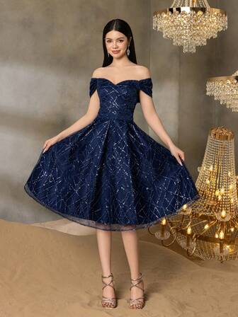 Alisa&Leo 少女闪亮露肩中长款派对连衣裙 - 适合夏季庆典、毕业舞会和学校正式活动的连衣裙