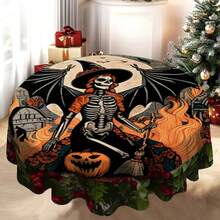 1pc Round Tablecloth, Must-Have For Halloween! Pumpkin + Bat Elements, Ideal For Dark Party Atmosphere, Suitable For Daily Home, Living Room, Dining Room, Theme Party Events, Washable And Reusable