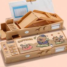 1个密码锁文具盒，双层多功能水豚卡通可爱铅笔盒，防水耐用防刮高品质男女通用学习用品收纳盒，附赠文具袋