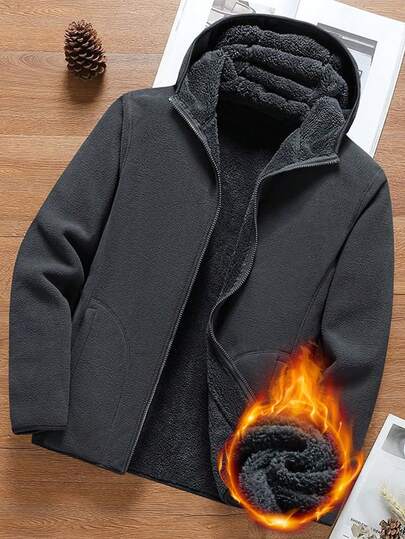 Men's Jacket, Reversible Plush Fleece Jacket, Solid Color, Warm, Loose & Comfortable Casual Sports Outerwear For Autumn/Winter