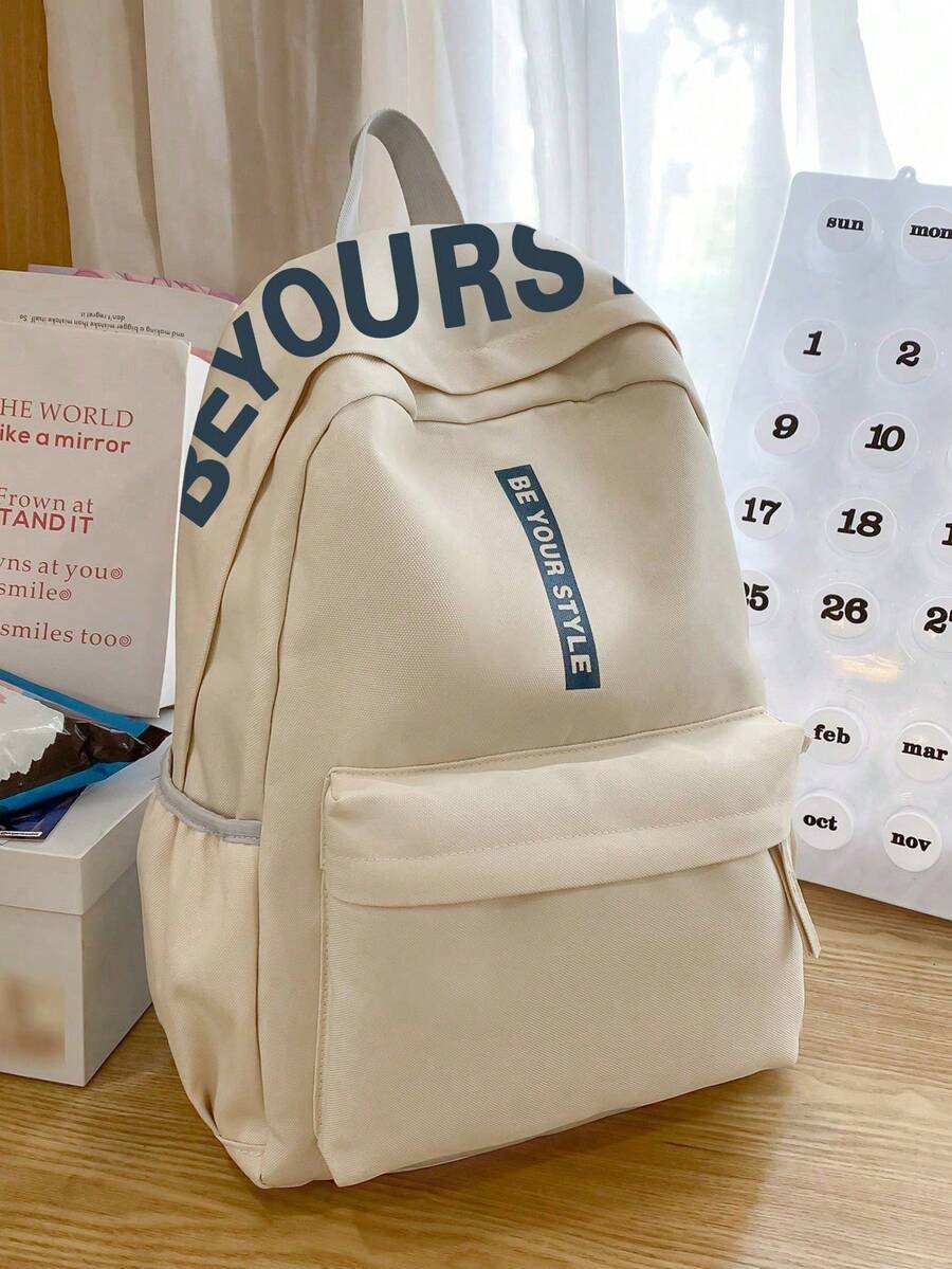 Large Capacity Solid Color Classic Backpack, Bags For University, University Essentials - Beige - View 1
