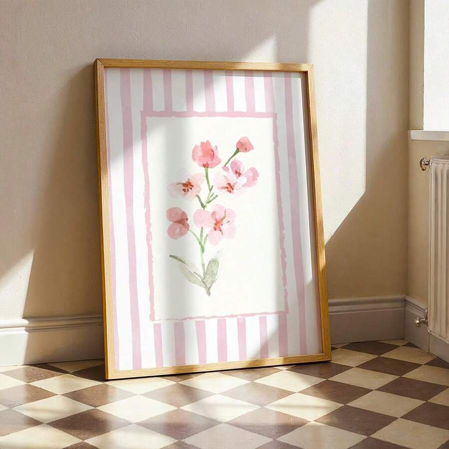 1幅粉色花卉墙画，灵感源自南希·梅耶斯的花卉印花帆布画，奶奶风格海报，水彩粉色条纹装饰画，适用于卧室、客厅、咖啡馆、酒吧或宿舍装饰，送给她的礼物，可选无框或有框。 - 彩色 - 查看 1