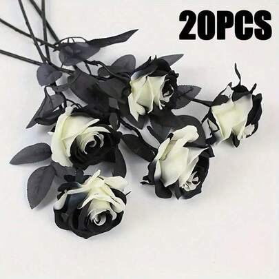 20pcs Artificial Black And White Roses Bouquet, Plastic Gothic Fake Flowers For Wedding, Halloween Decor Realistic Rose Stem For Home Office Display, Wedding Decoration, Home, Dining Room, Bedroom, Vase Decoration, Holiday Birthday Party Accessories, Wedding Scene Scenery Decoration, Flowers, Valentine's Day Gifts, New Year DIY Materials, Valentine Day, Gift Graduation