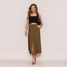 Social And Elegant Tailored Midi Skirt With Slit And Side Pocket!!! - 棕色 - 查看 1
