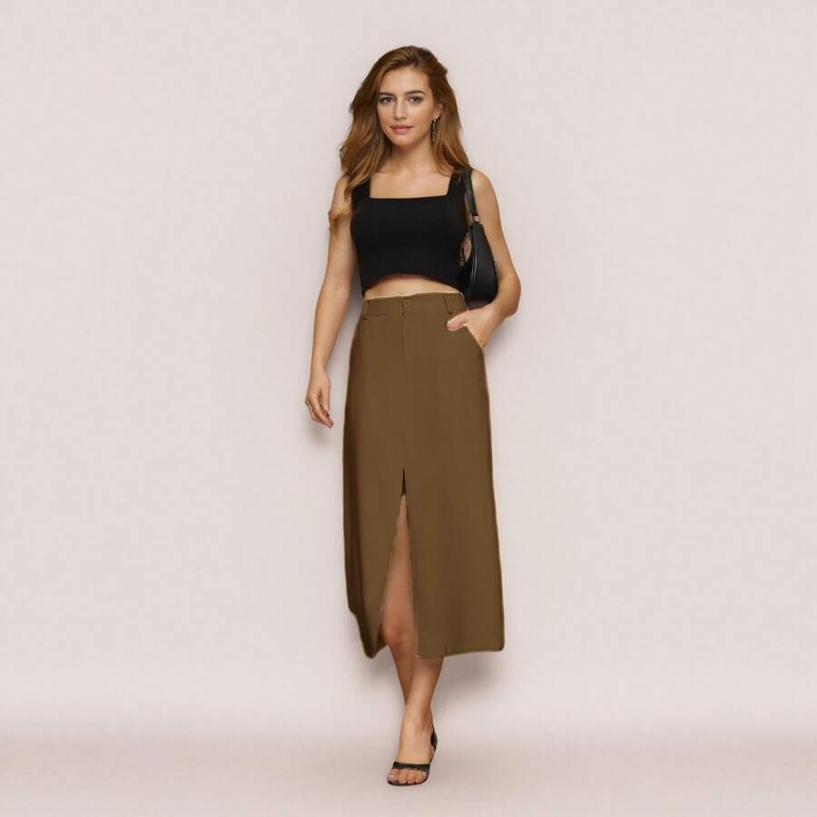 Social And Elegant Tailored Midi Skirt With Slit And Side Pocket!!! - 棕色 - 查看 1