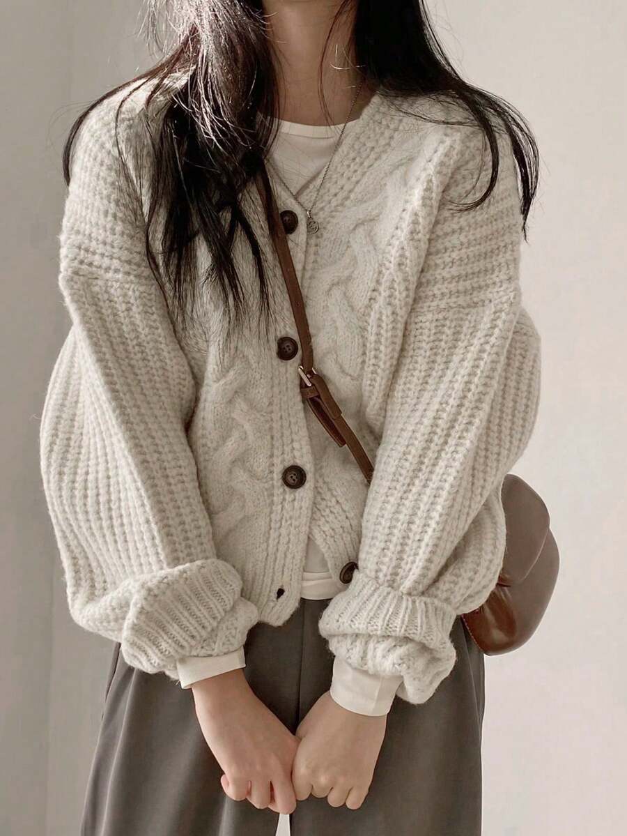 JIANHU 秋冬季女士復古粗針織針織外套-前鈕式，長袖，情人節及更多場合的完美穿搭 - 米色 - 查看 1