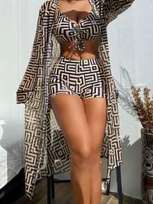 Women's Swimsuit Set, All-Over Print Bikini With Drawstring And Tied Straps With Kimono Beach Cover-Up 3 Pieces - 棕色 - 查看 2