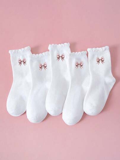 1/5 Pairs Spring/Summer Kids/Boys/Girls Casual Lace Trim Socks/Mid-Calf Socks, Cute Bow Decor, Soft & Comfortable, Versatile For Casual, Sports, School, Daily Wear