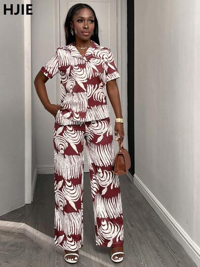 Completo da donna in due pezzi, tuta autunnale, camicia a maniche corte con stampa asimmetrica + pantaloni, abbigliamento casual e comodo da lavoro, per uso quotidiano, adatto anche per la laurea