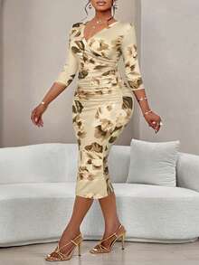 BIUBIU Plus Size Women's Fashion Wavy Print Wrap V-Neck Ruched Bodycon Midi Dress (Random Print) Elegant Summer - Apricot Brown Flowers - View 3