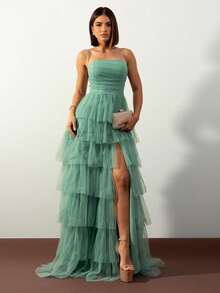 LONG WEDDING PARTY DRESS  BRIDESMAIDS CLASSIC TULLE WITH SHINE - MINT GREEN - View 1