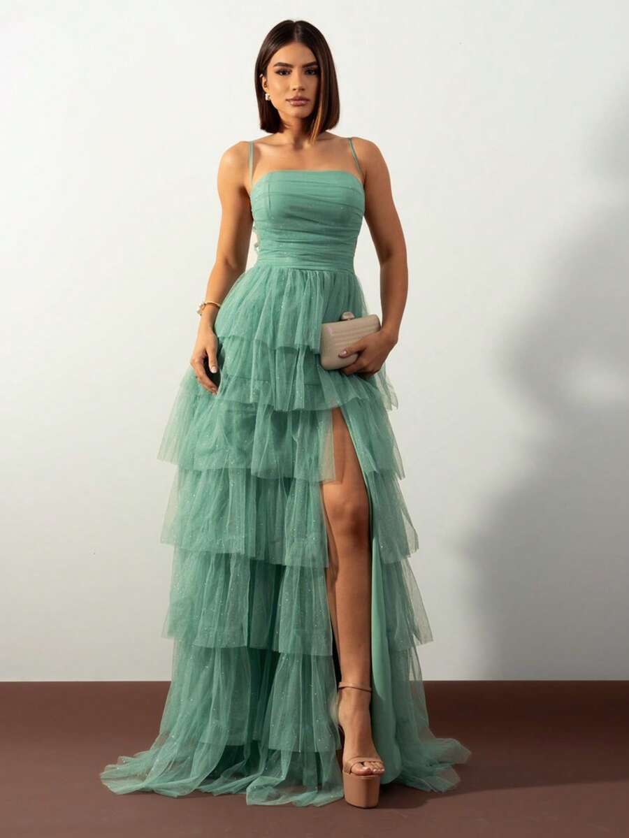 LONG WEDDING PARTY DRESS  BRIDESMAIDS CLASSIC TULLE WITH SHINE - MINT GREEN - View 1