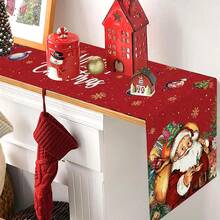 1pc Christmas Table Runner, Santa Claus & Candle Design, Polyester Material, 35x181cm, Winter Christmas Home Party, Dining Room & Living Room Table Decor, Indoor & Outdoor Tabletop Center Decoration