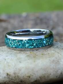 8mm Elegant Titanium Steel Couple Rings, Suitable For Women, Blue-Green Floral Inlay, Minimalist Design - Perfect For Proposal, Casual Wear And Gifts - Multicolor - View 4